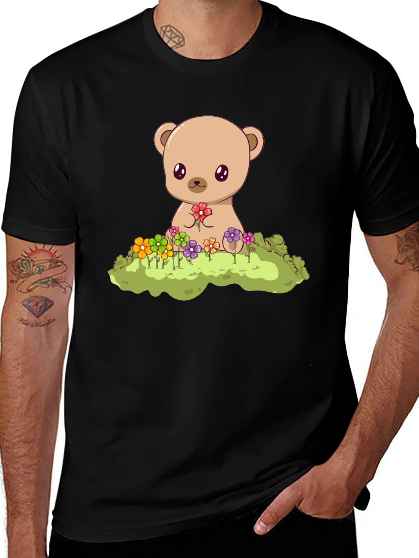 Cute Teddy Bear & Flowers Black T-Shirt