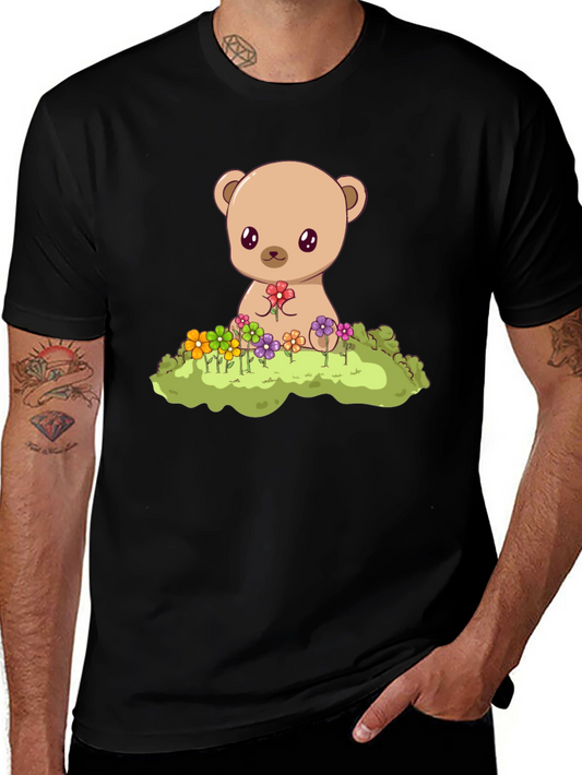 Cute Teddy Bear & Flowers Black T-Shirt