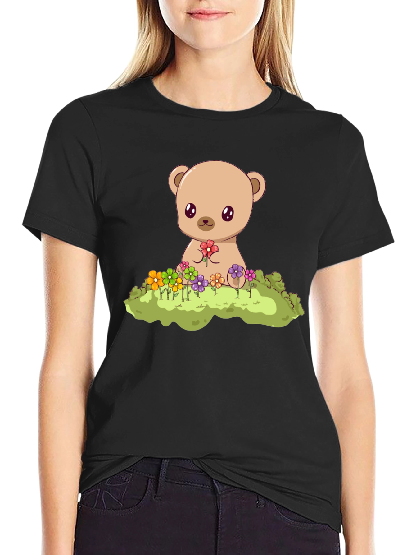 Cute Teddy Bear & Flowers Black T-Shirt