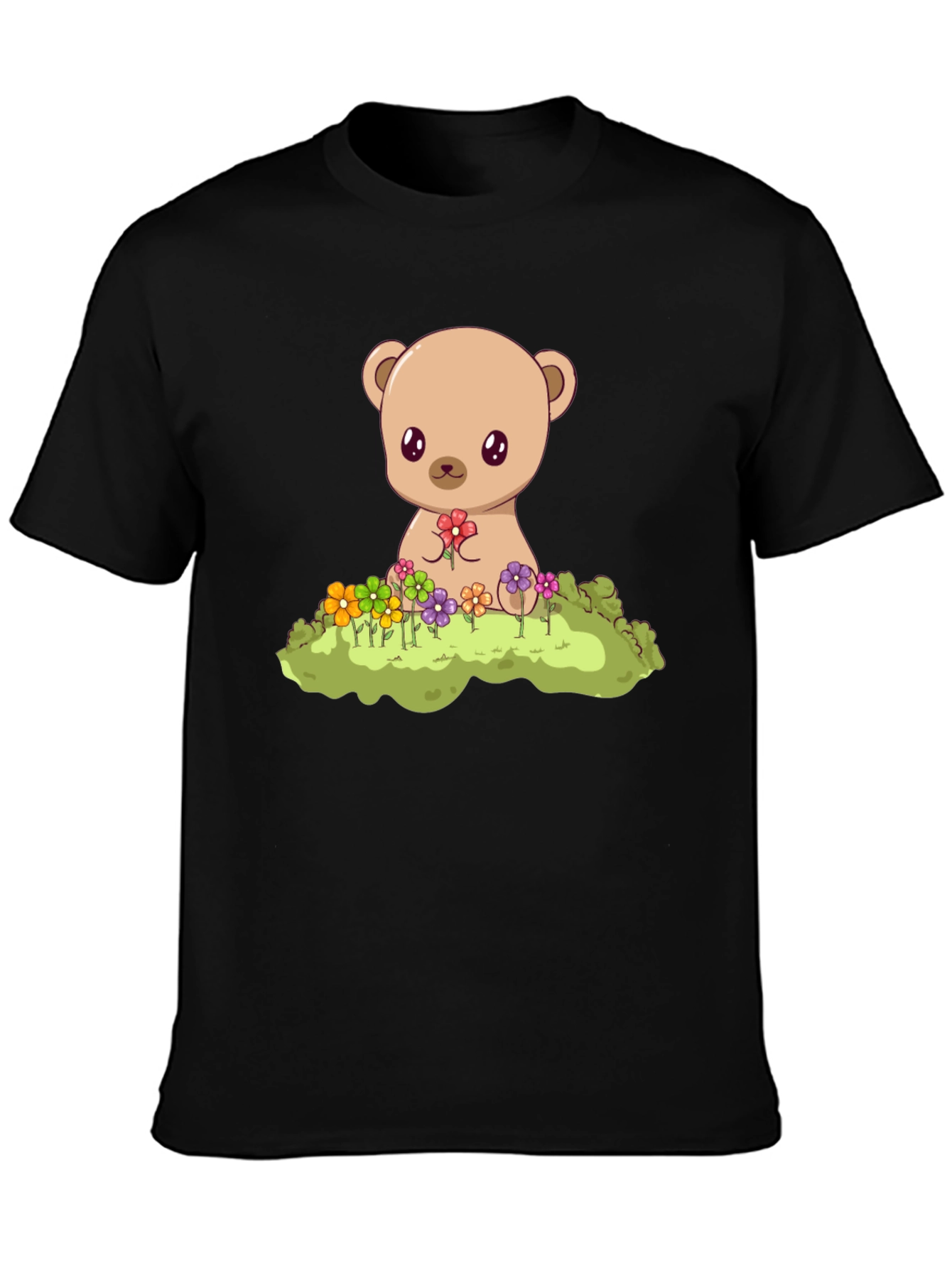 Cute Teddy Bear & Flowers Black T-Shirt