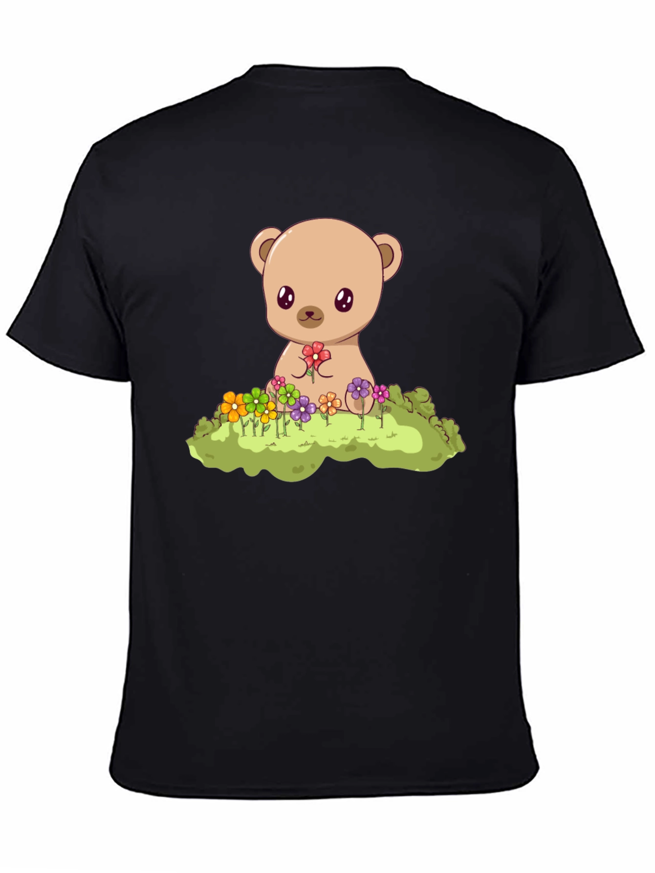 Cute Teddy Bear & Flowers Black T-Shirt