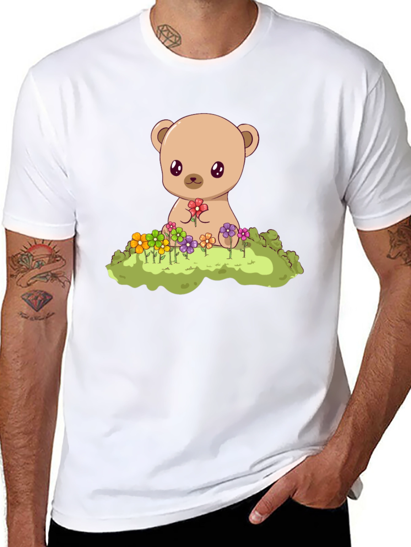 Cute Teddy Bear & Flowers Black T-Shirt