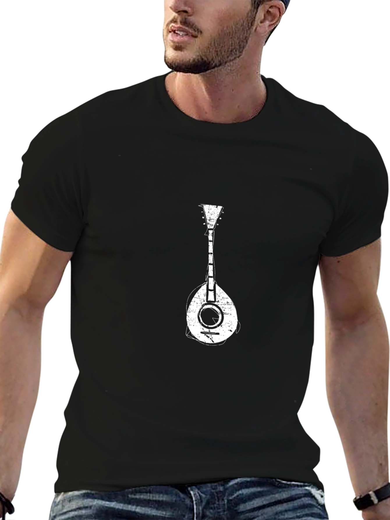 Black T-Shirt with White Mandolin Graphic