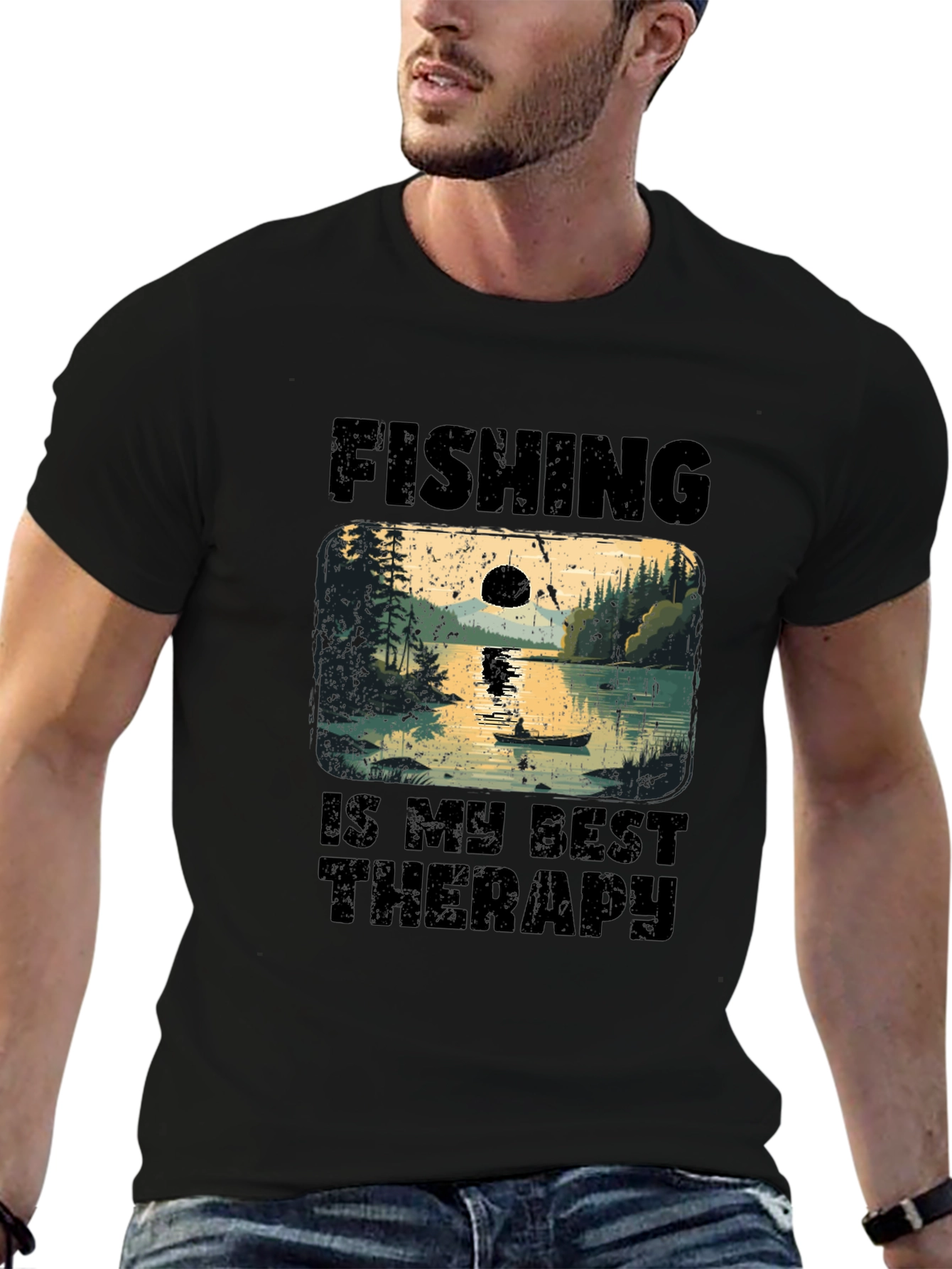Fishing is My Best Therapy Black T-Shirt