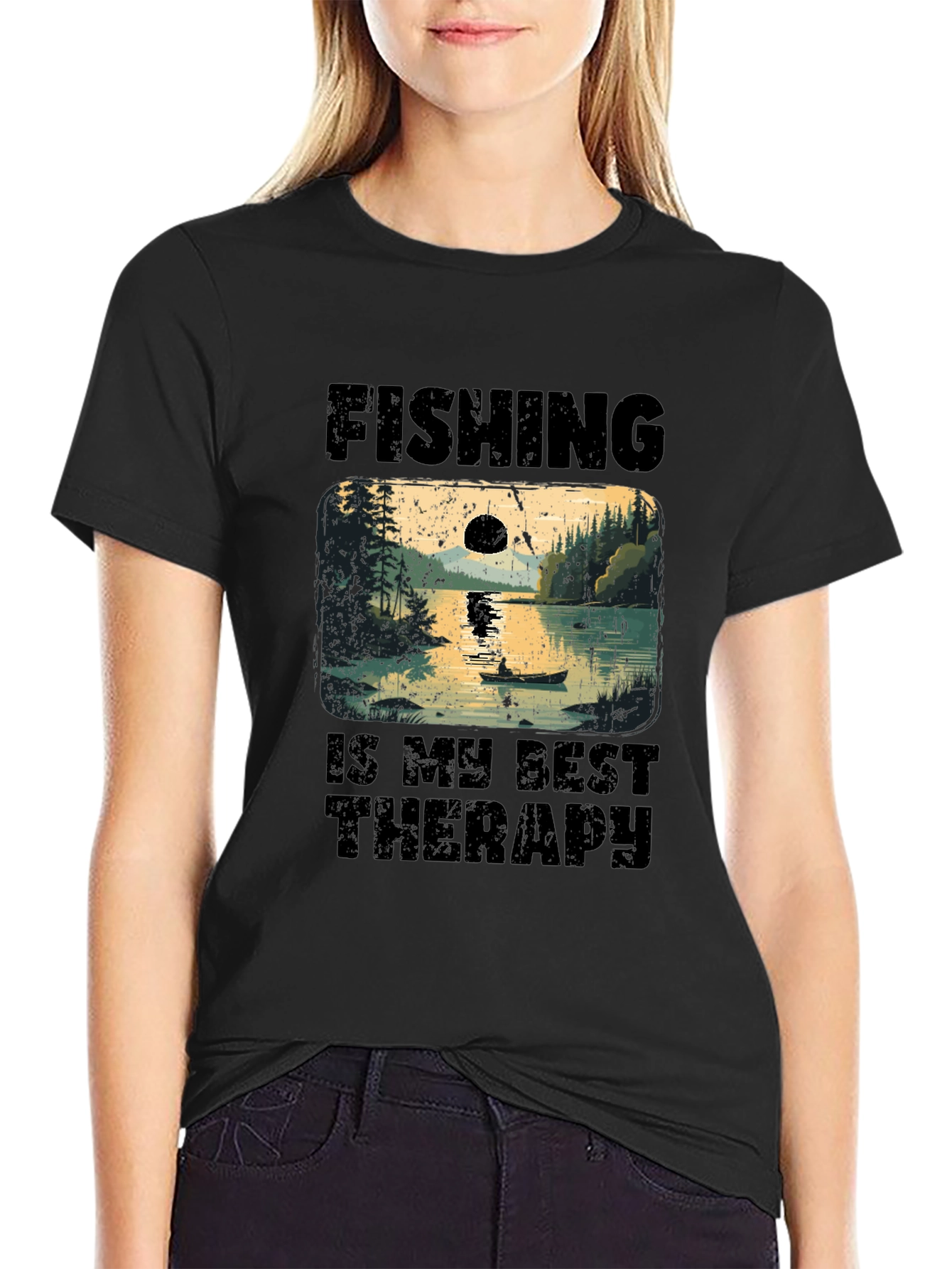Fishing is My Best Therapy Black T-Shirt