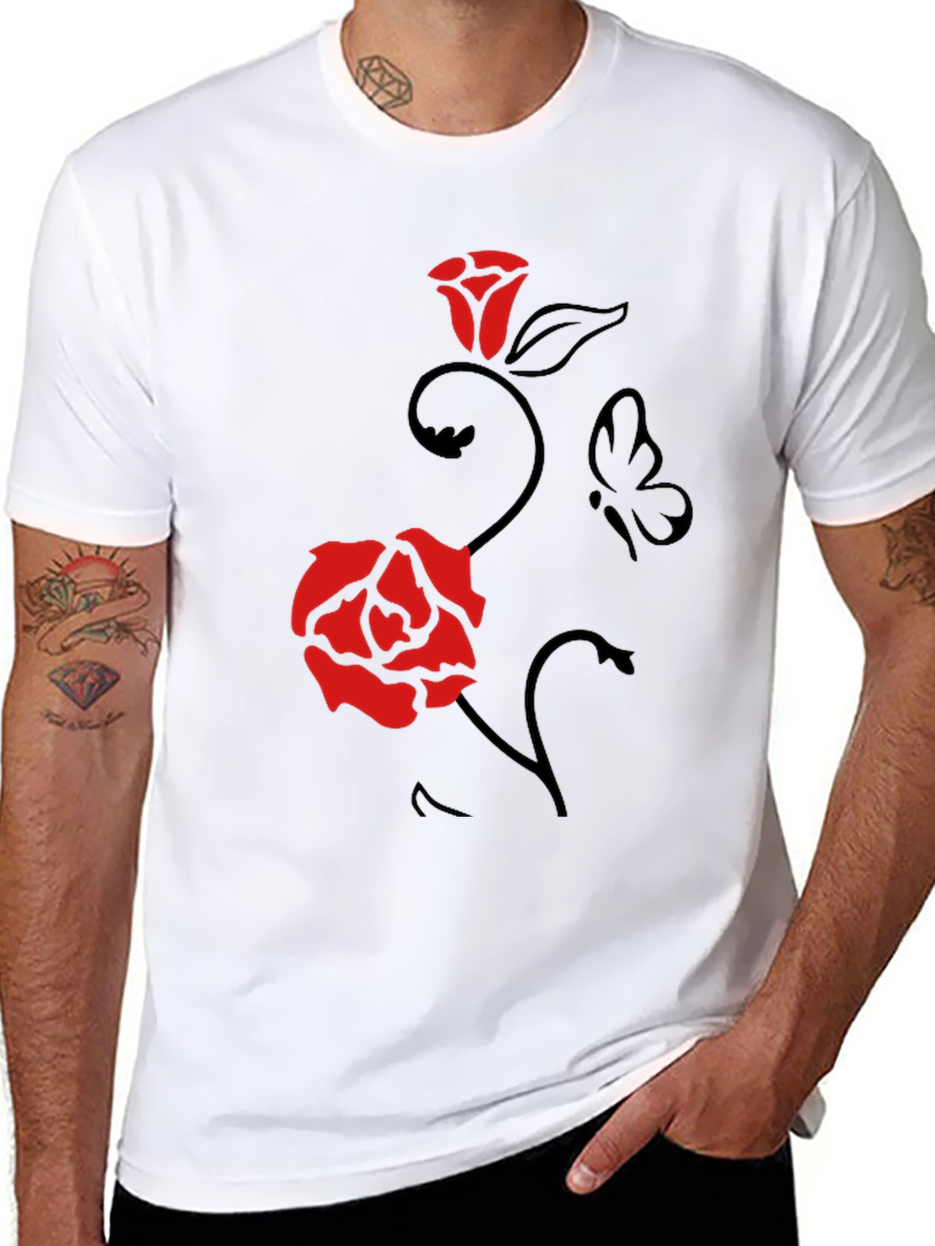 Rose & Butterfly Graphic Tee - Mens Black T-Shirt