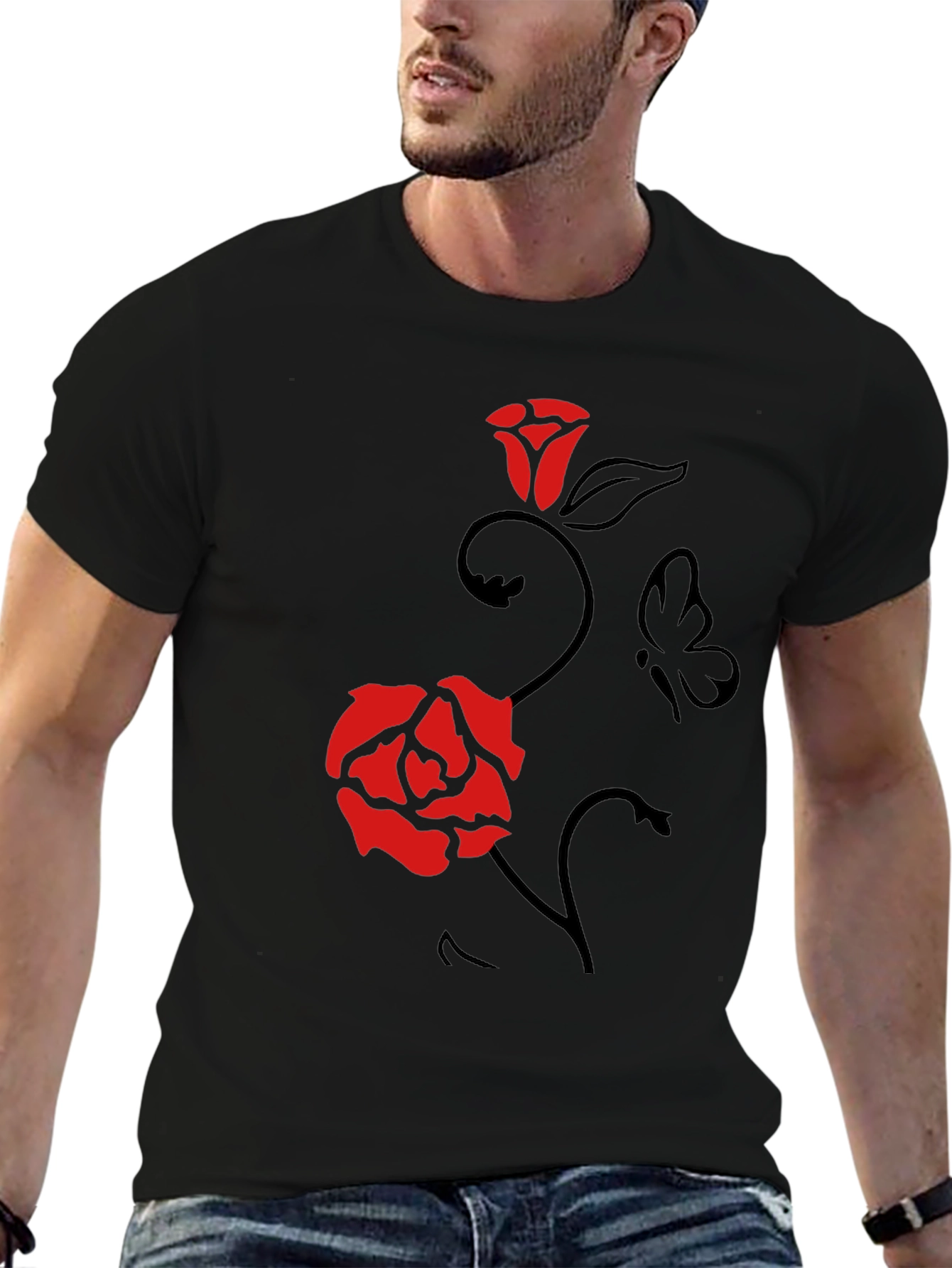 Rose & Butterfly Graphic Tee - Mens Black T-Shirt