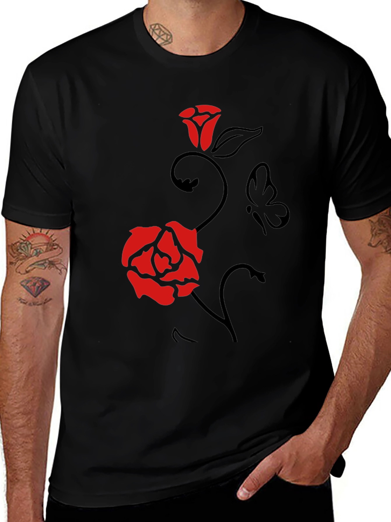 Rose & Butterfly Graphic Tee - Mens Black T-Shirt