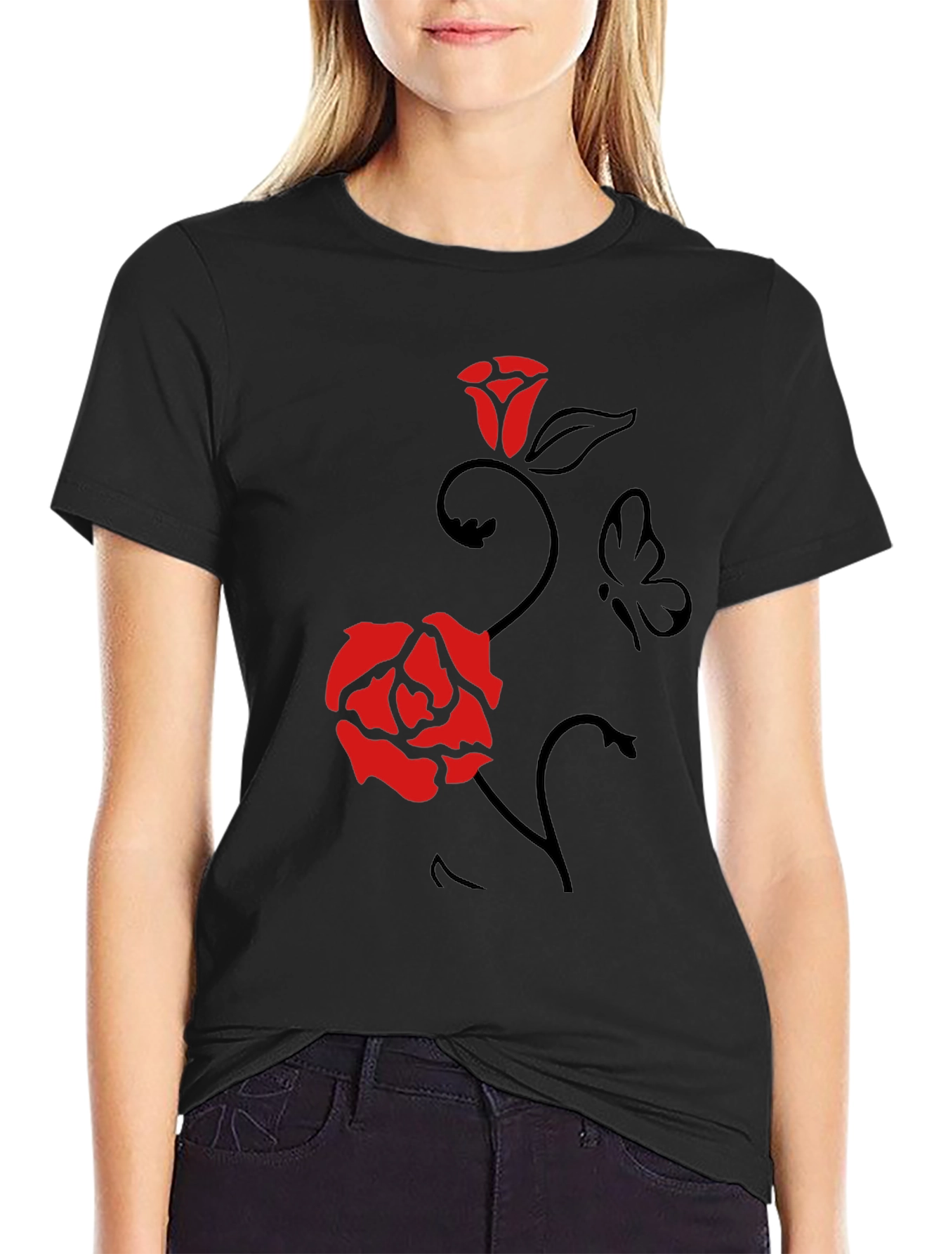Rose & Butterfly Graphic Tee - Mens Black T-Shirt