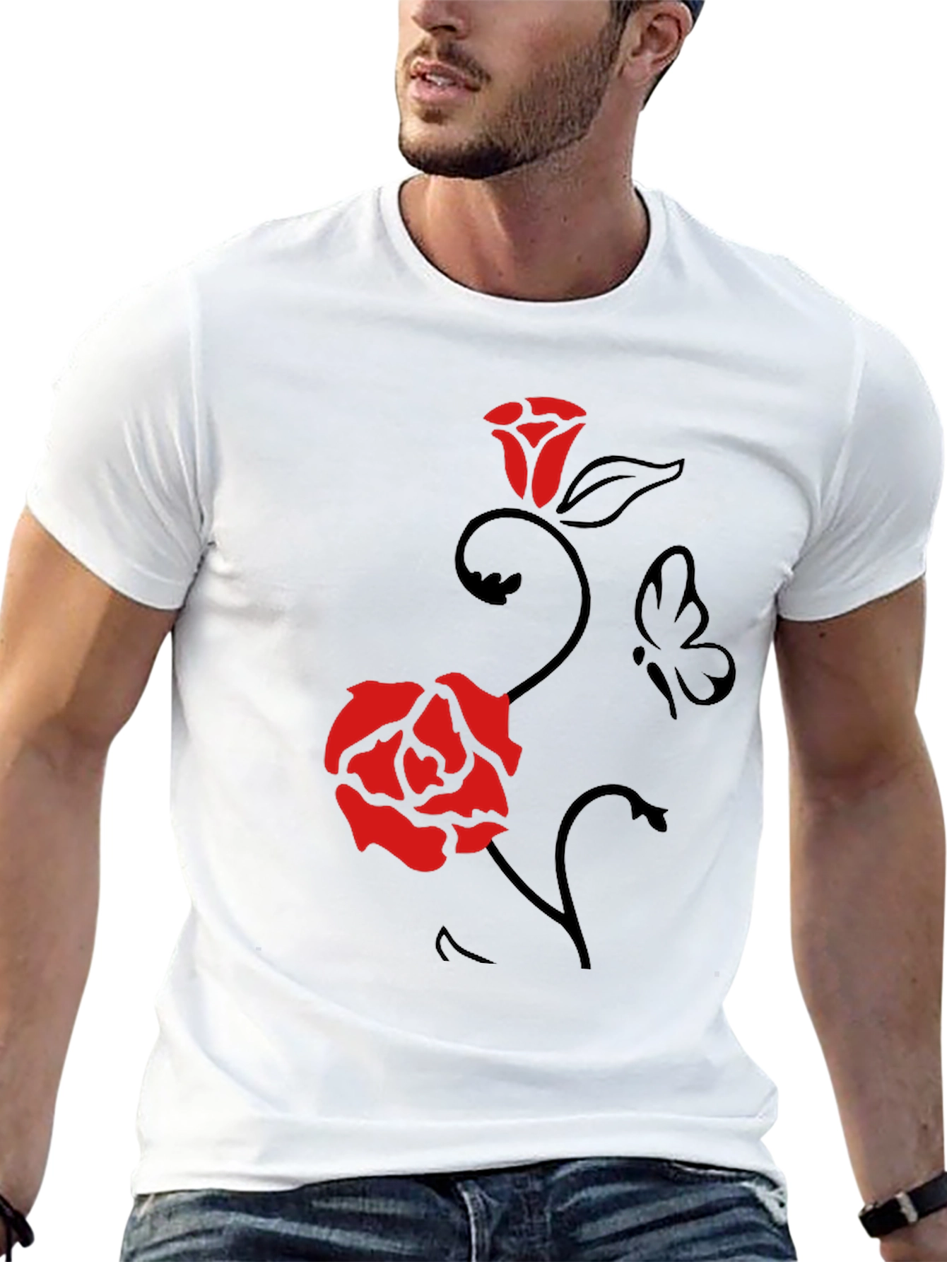 Rose & Butterfly Graphic Tee - Mens Black T-Shirt