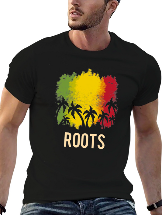 Roots Rasta Palm Tree Graphic Tee - Black Cotton T-Shirt