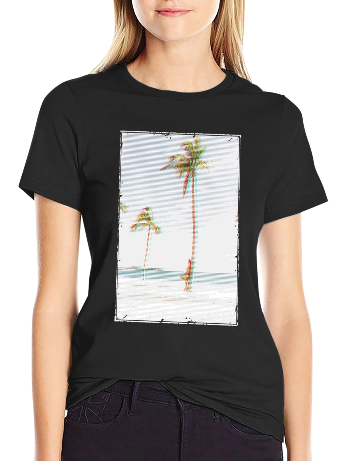 Tropical Beach Palm Tree Graphic Black T-Shirt