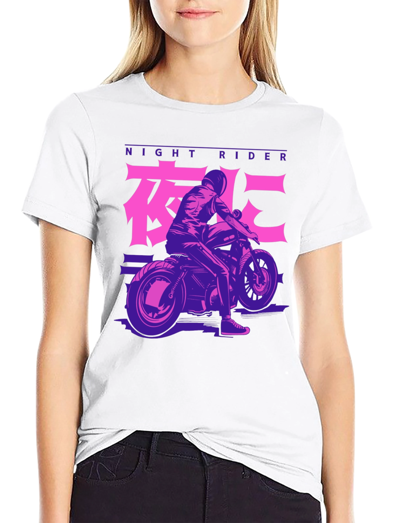 Night Rider Motorcycle Graphic Tee - Black Cotton
