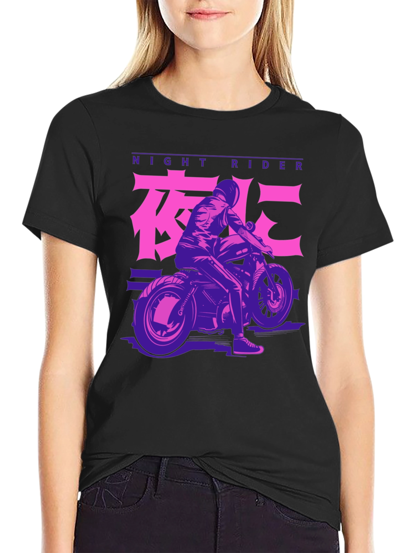 Night Rider Motorcycle Graphic Tee - Black Cotton