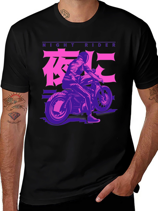Night Rider Motorcycle Graphic Tee - Black Cotton