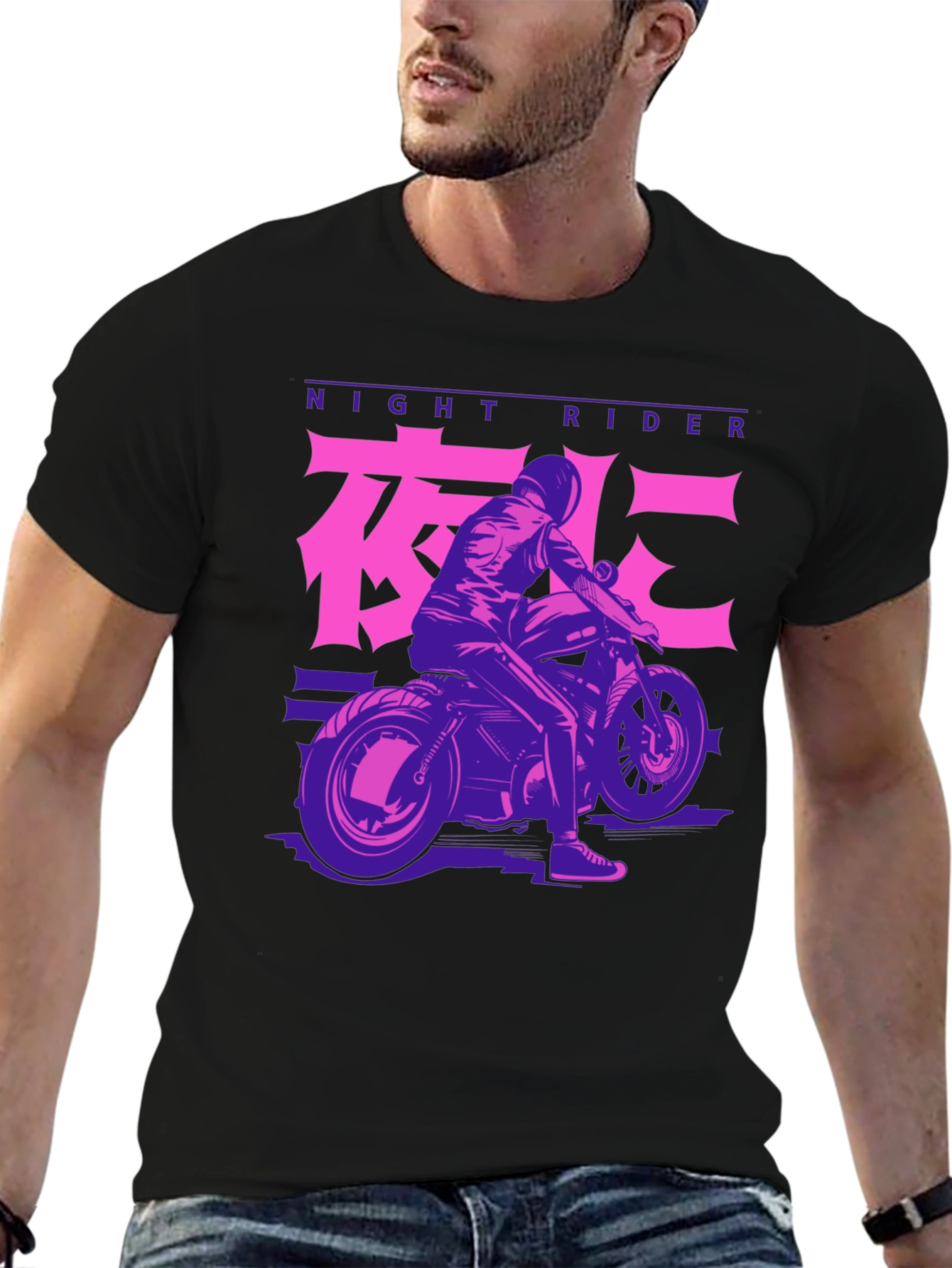 Night Rider Motorcycle Graphic Tee - Black Cotton