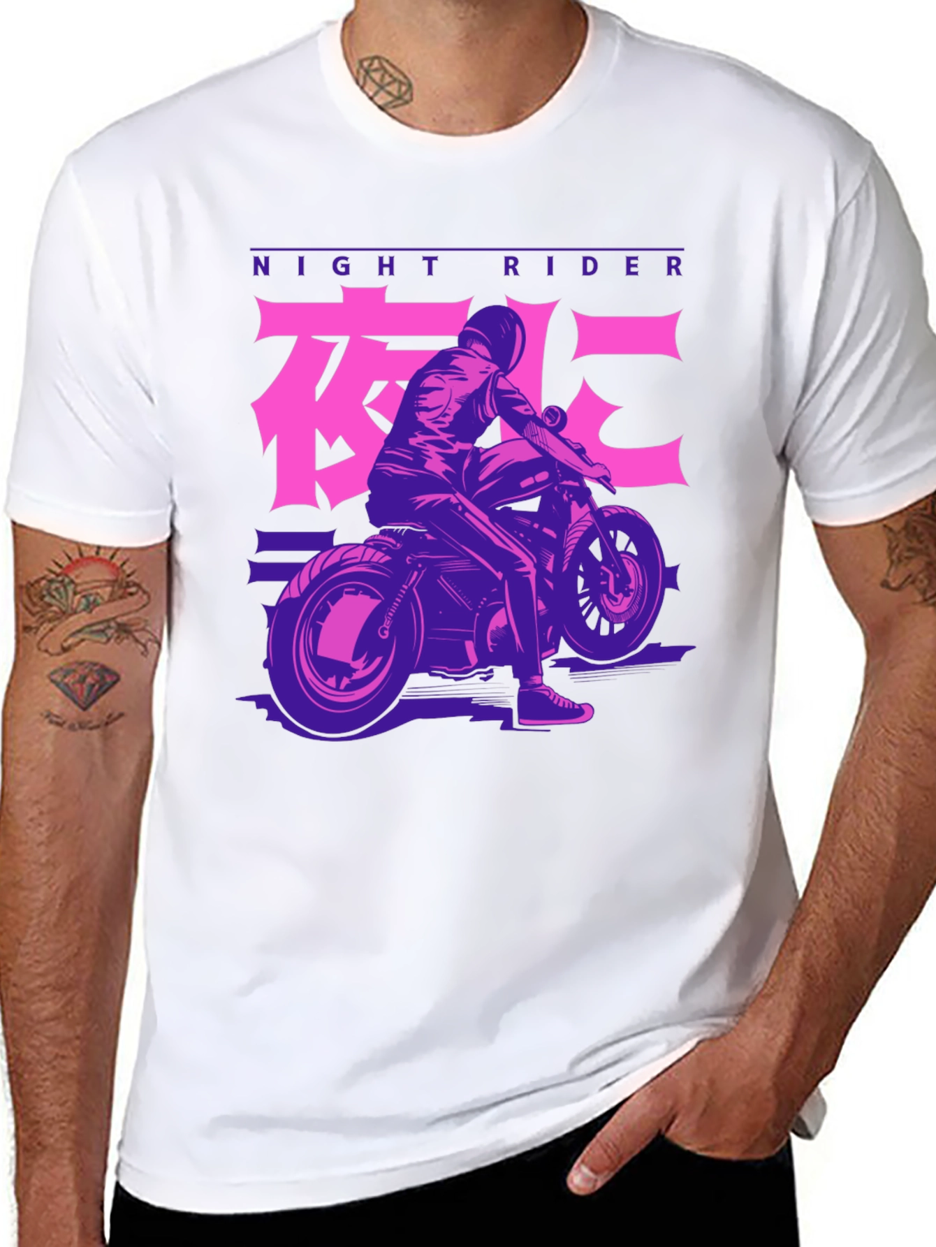 Night Rider Motorcycle Graphic Tee - Black Cotton