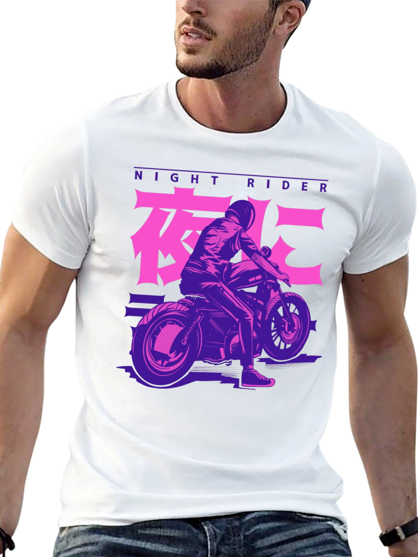 Night Rider Motorcycle Graphic Tee - Black Cotton