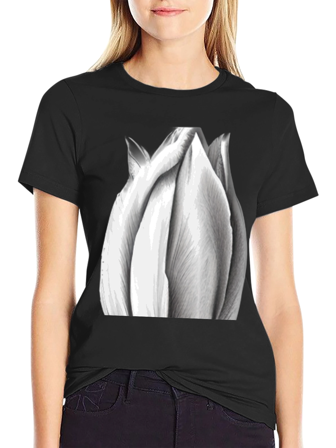 Monochrome Tulip Graphic Tee - Stylish Black T-Shirt