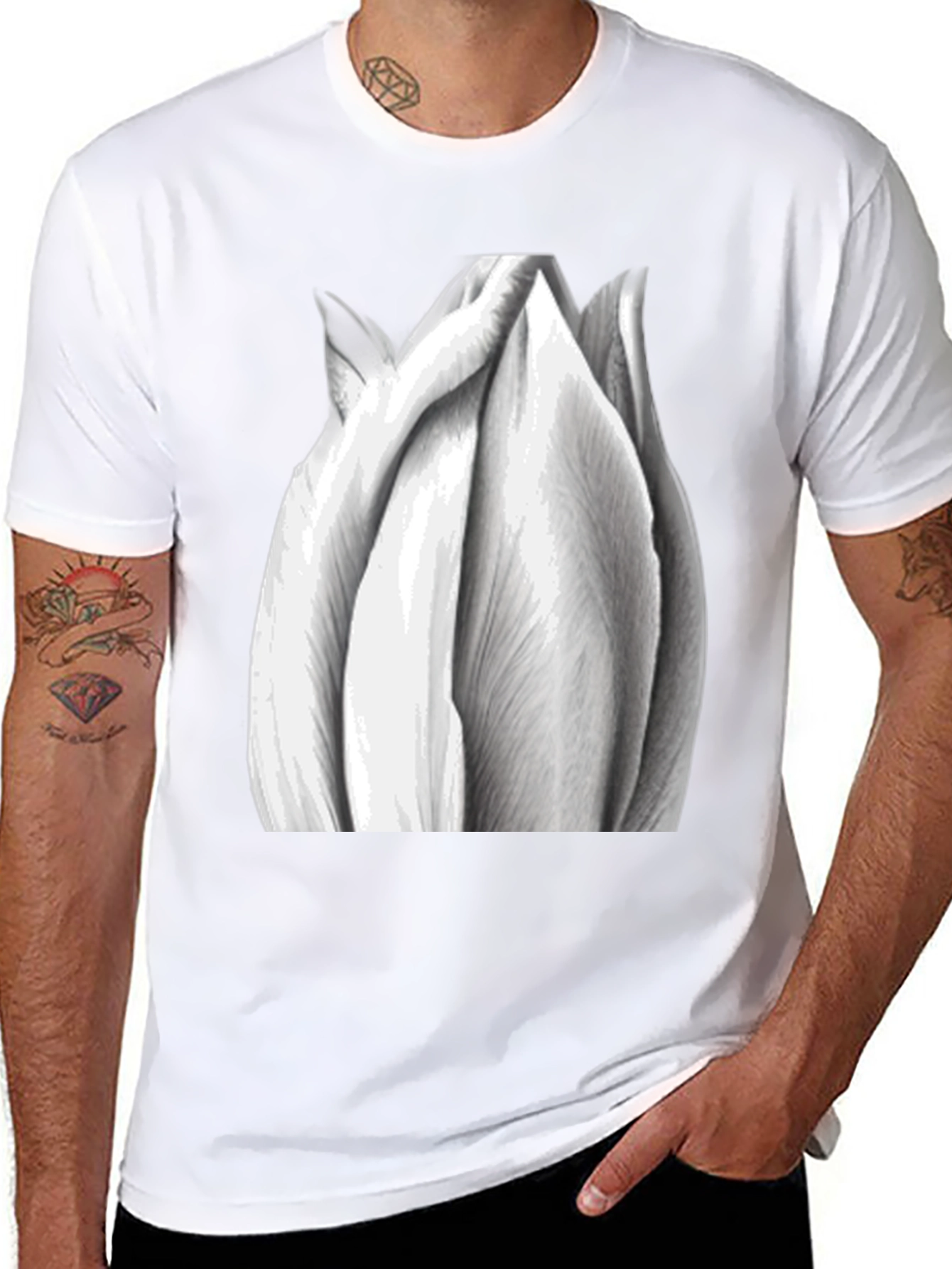 Monochrome Tulip Graphic Tee - Stylish Black T-Shirt