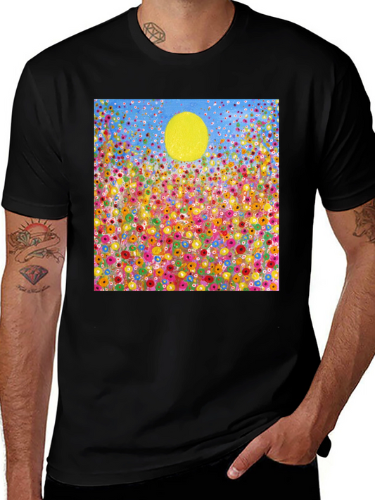 Floral Field & Sun Graphic Tee - Black Cotton Blend