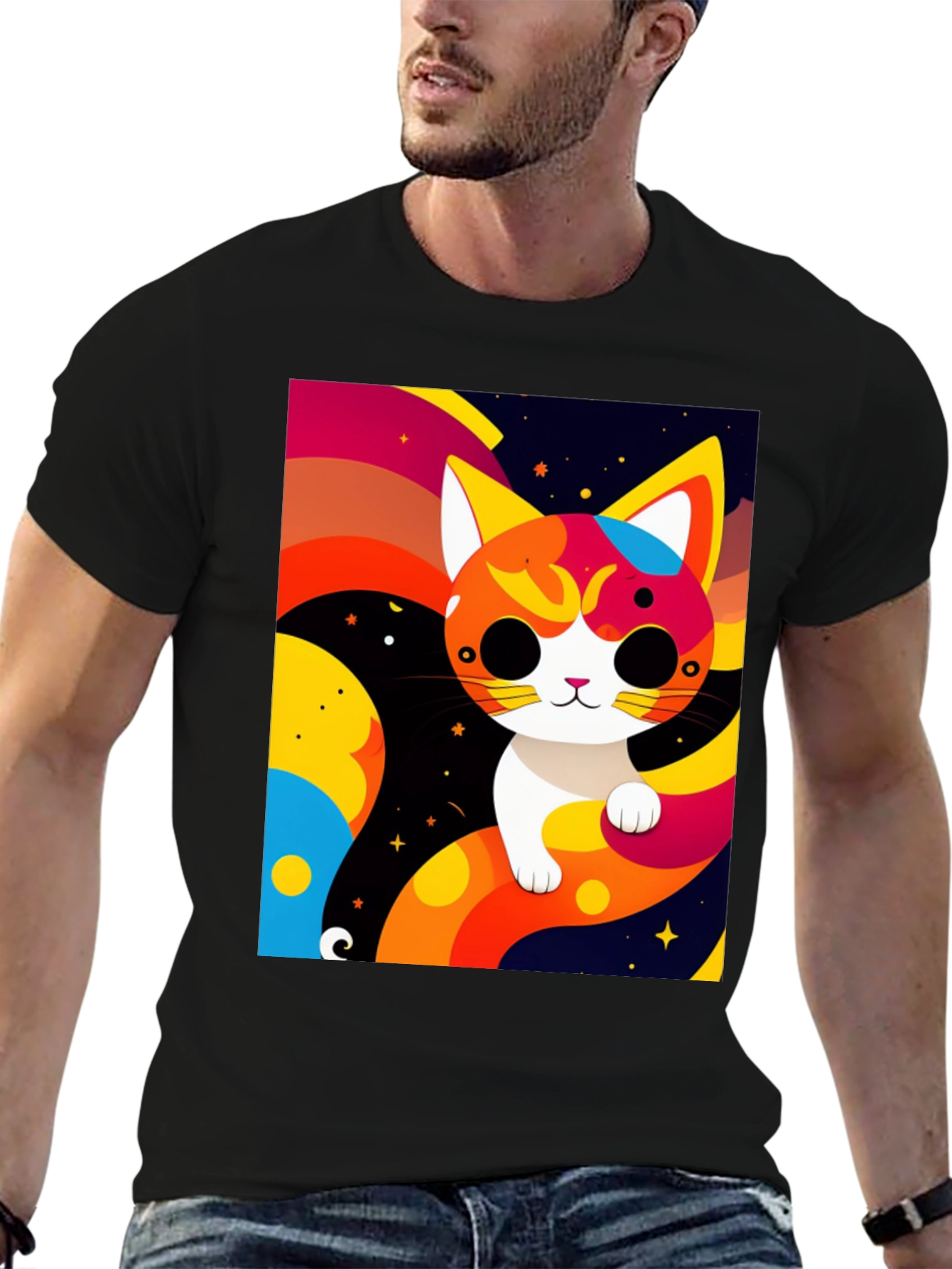 Cartoon Cat Graphic Tee - Modern Artistic Design