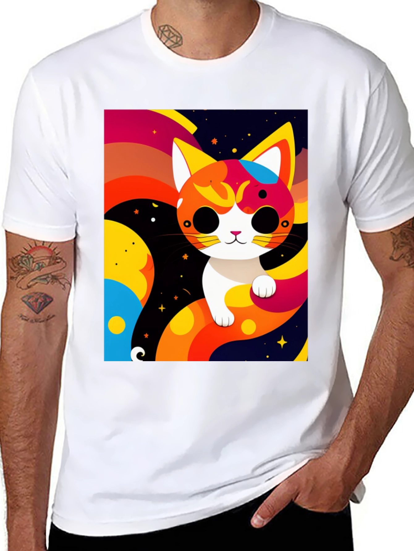 Cartoon Cat Graphic Tee - Modern Artistic Design