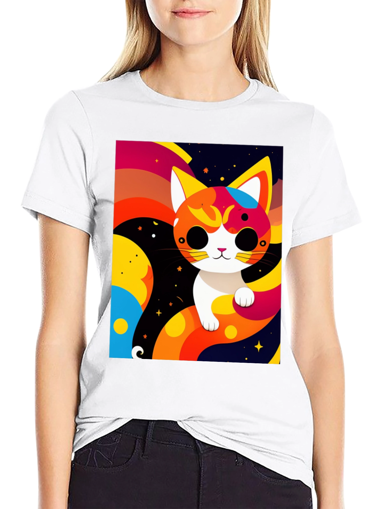 Cartoon Cat Graphic Tee - Modern Artistic Design