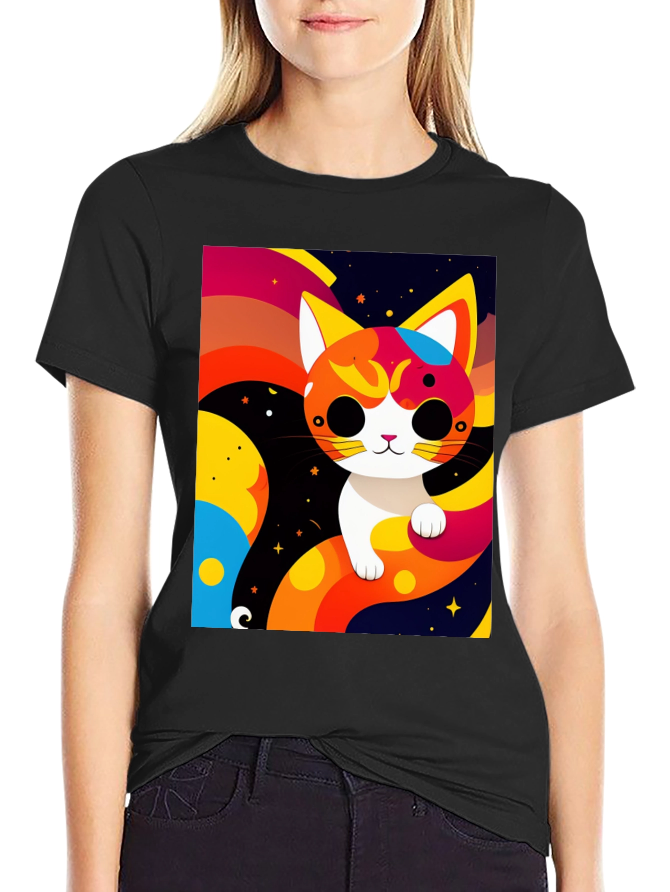 Cartoon Cat Graphic Tee - Modern Artistic Design