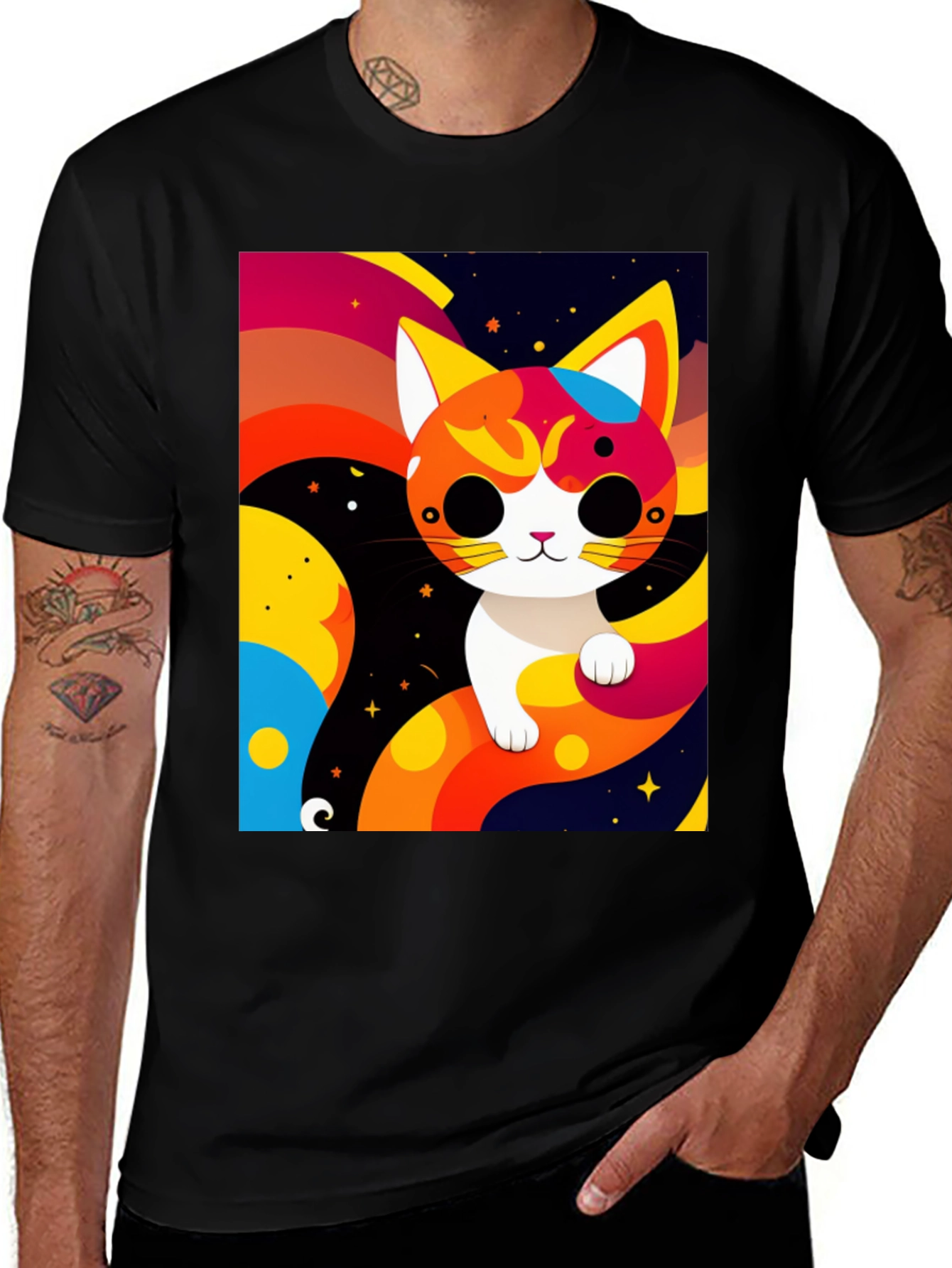 Cartoon Cat Graphic Tee - Modern Artistic Design
