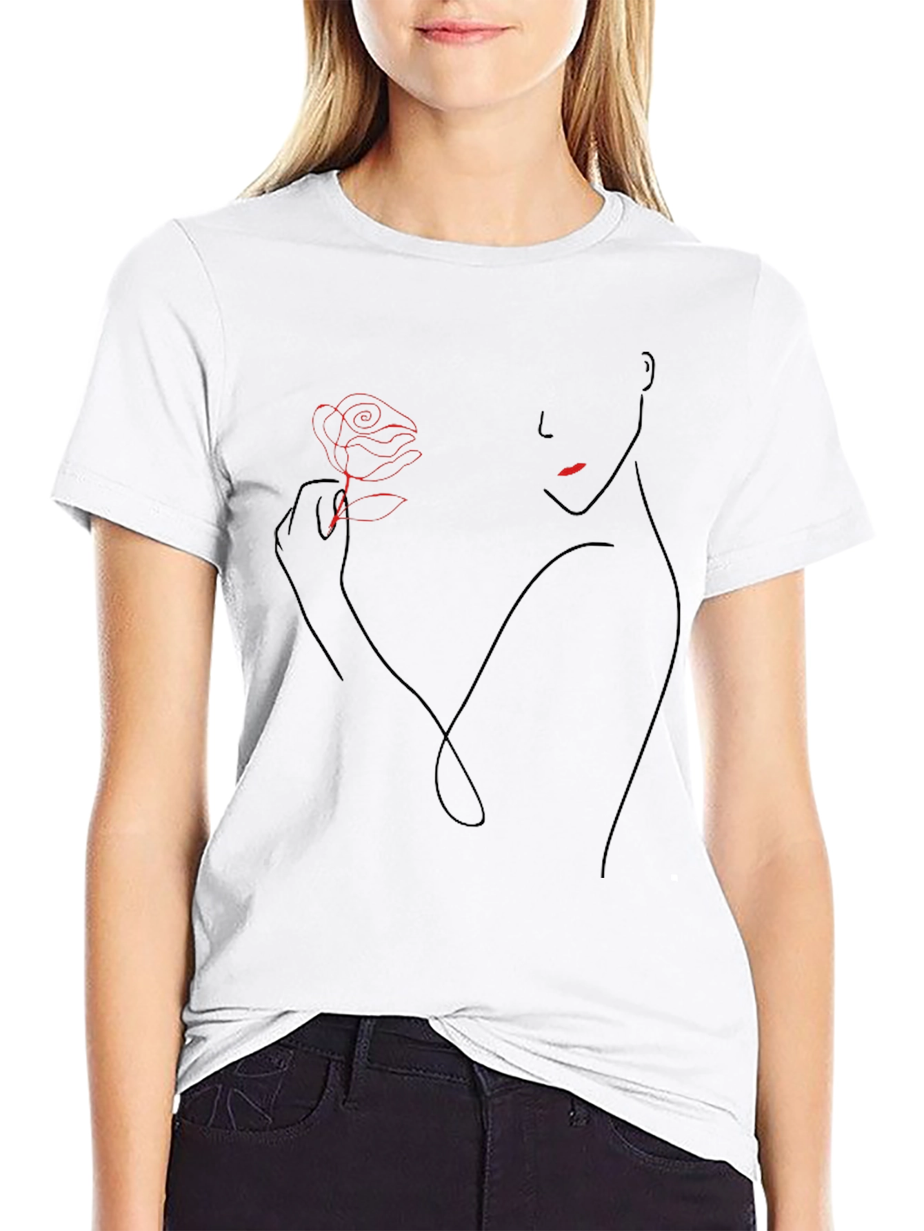 Elegant Rose Line Art Black T-Shirt