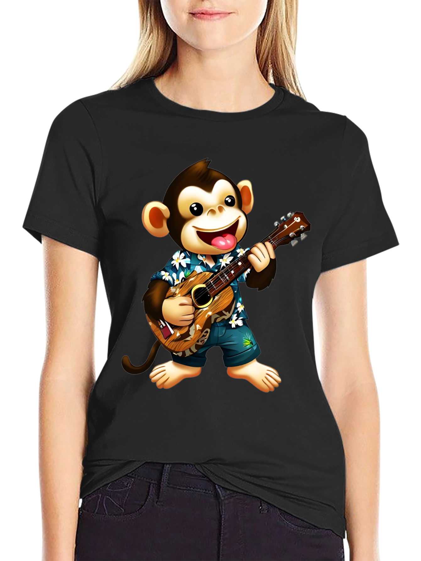 Monkey Playing Ukulele Graphic T-Shirt