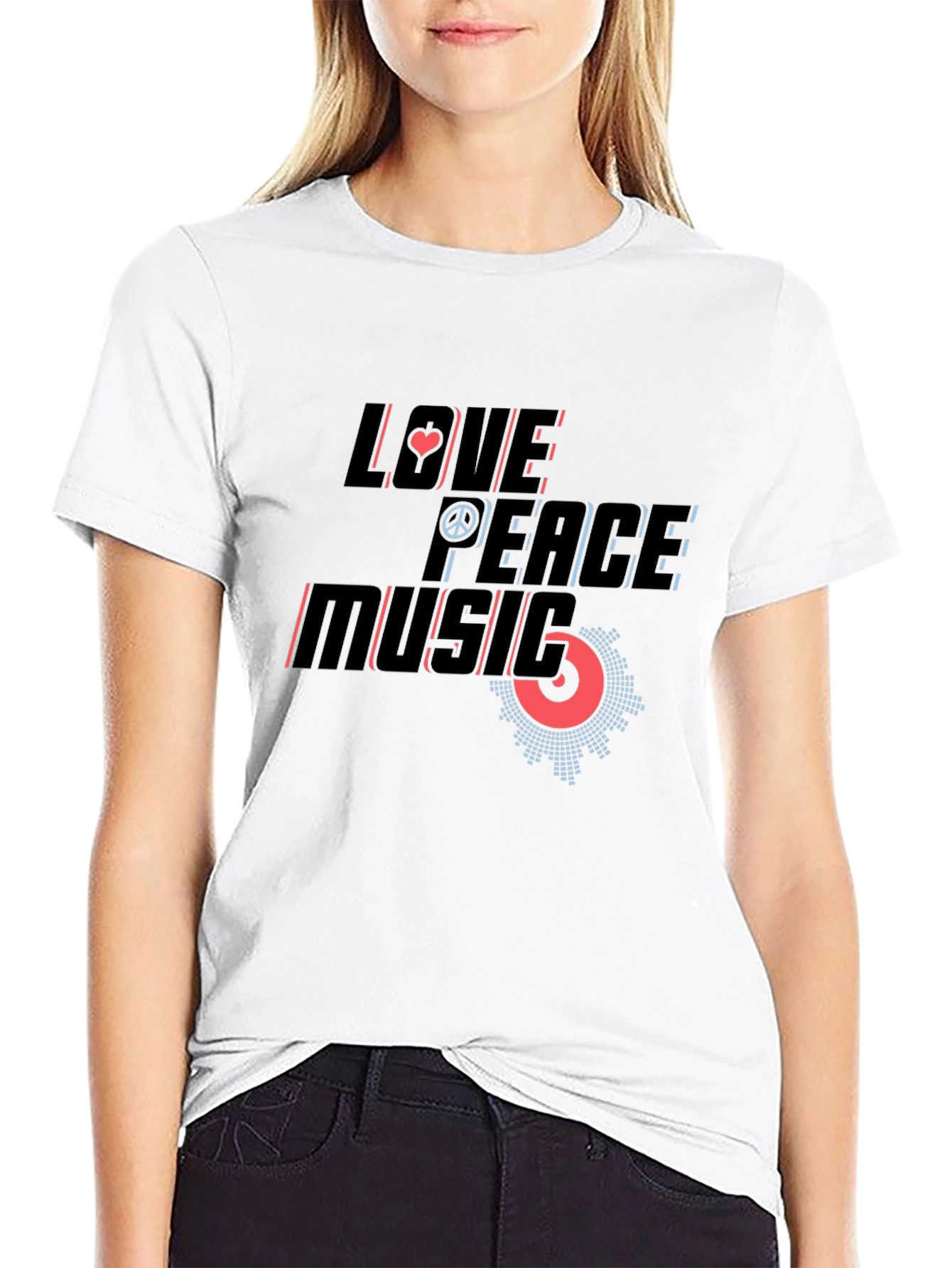 Love Peace Music Graphic Print Black T-Shirt