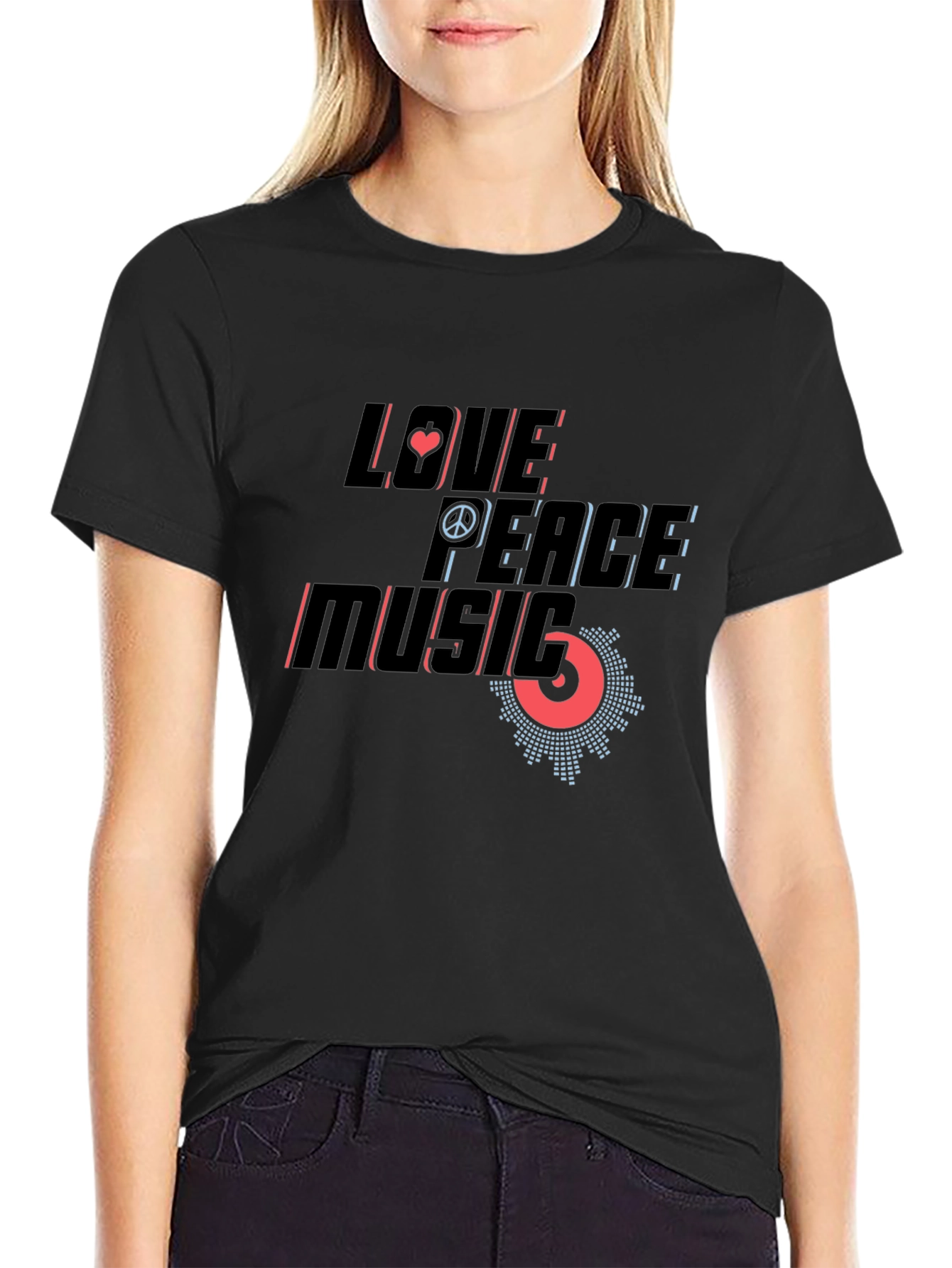 Love Peace Music Graphic Print Black T-Shirt