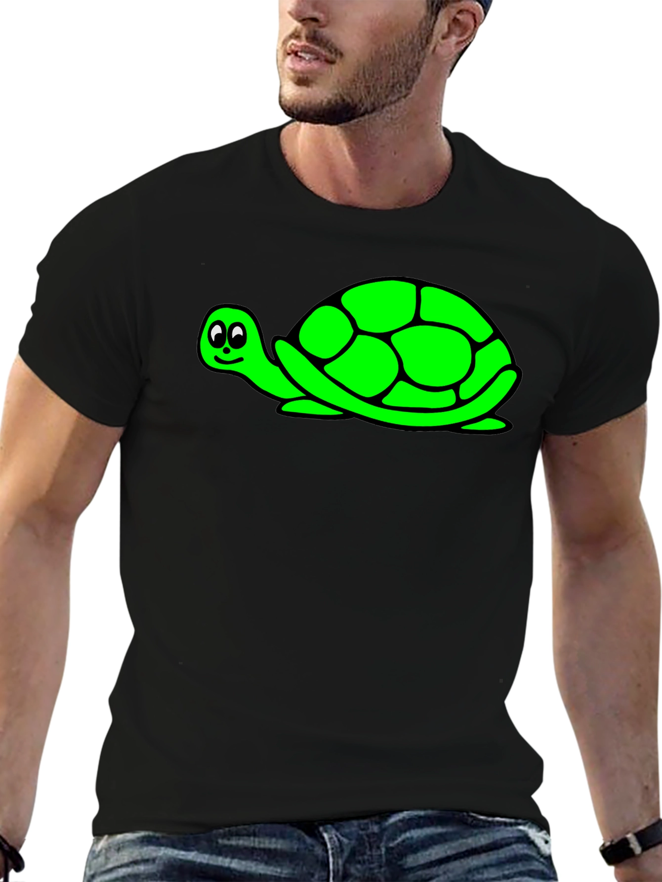 Cute Green Turtle Graphic Print Black T-Shirt