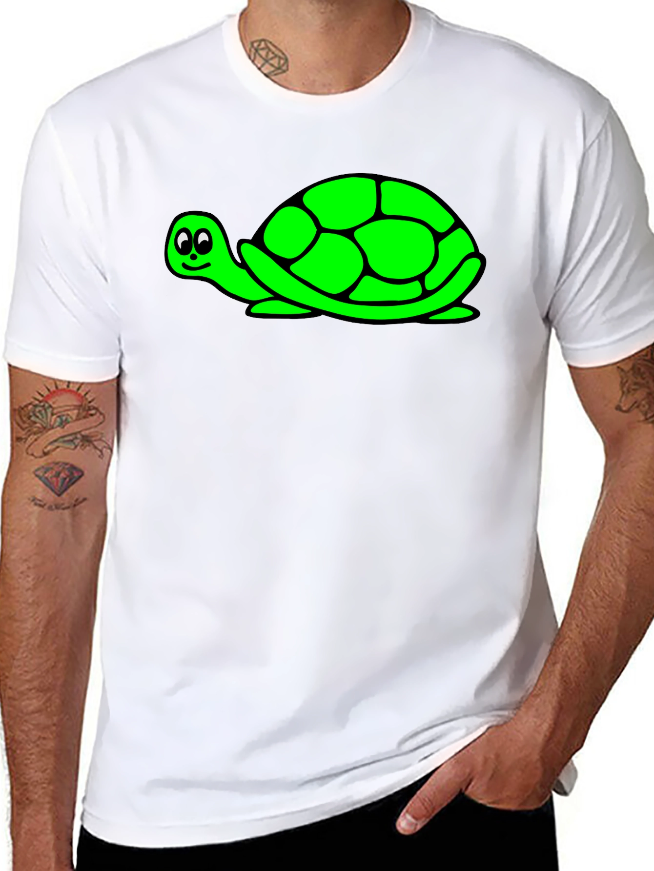 Cute Green Turtle Graphic Print Black T-Shirt