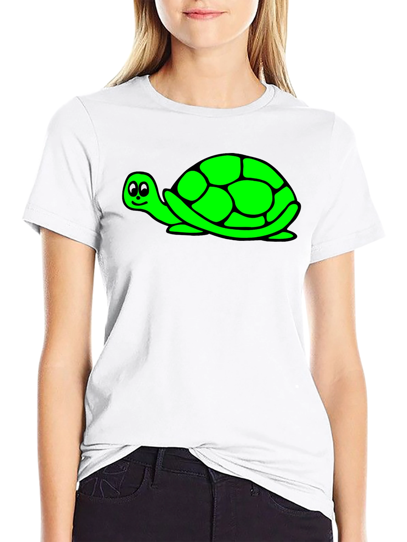 Cute Green Turtle Graphic Print Black T-Shirt