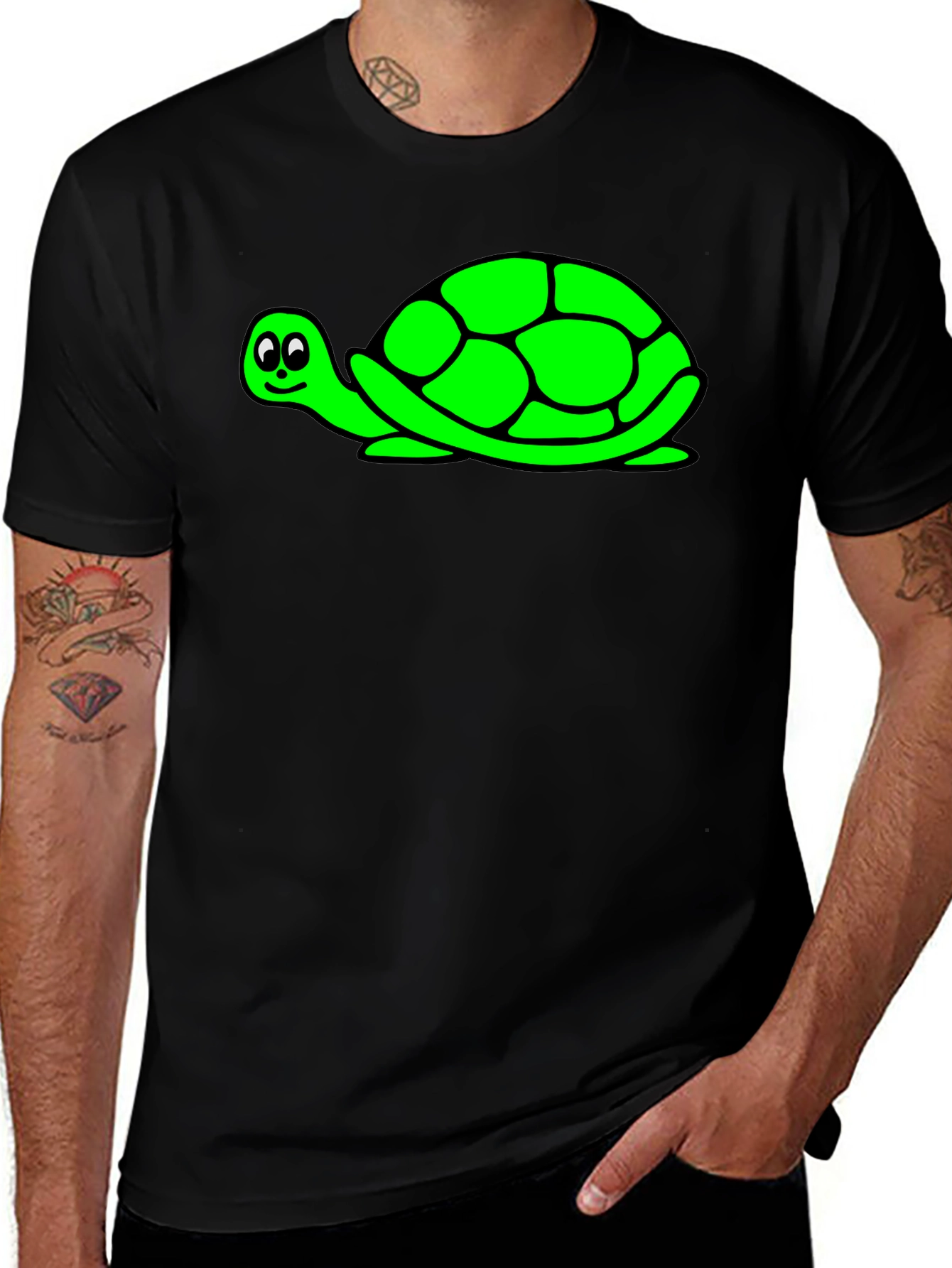 Cute Green Turtle Graphic Print Black T-Shirt