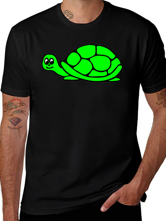 Cute Green Turtle Graphic Print Black T-Shirt