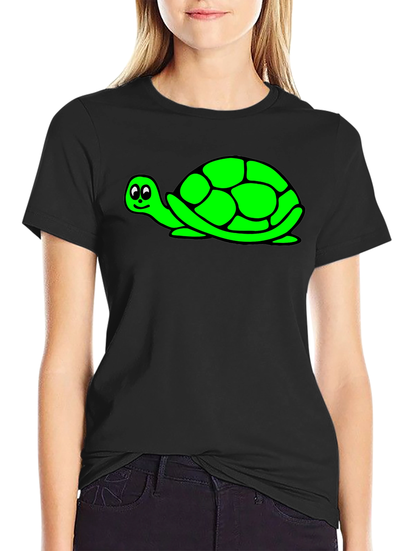 Cute Green Turtle Graphic Print Black T-Shirt