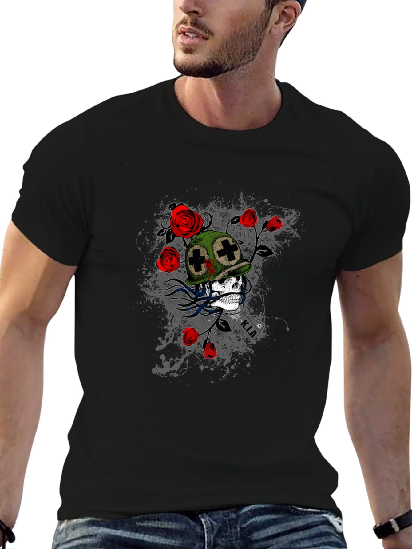 Skull & Roses Graphic Tee - Black Casual T-Shirt