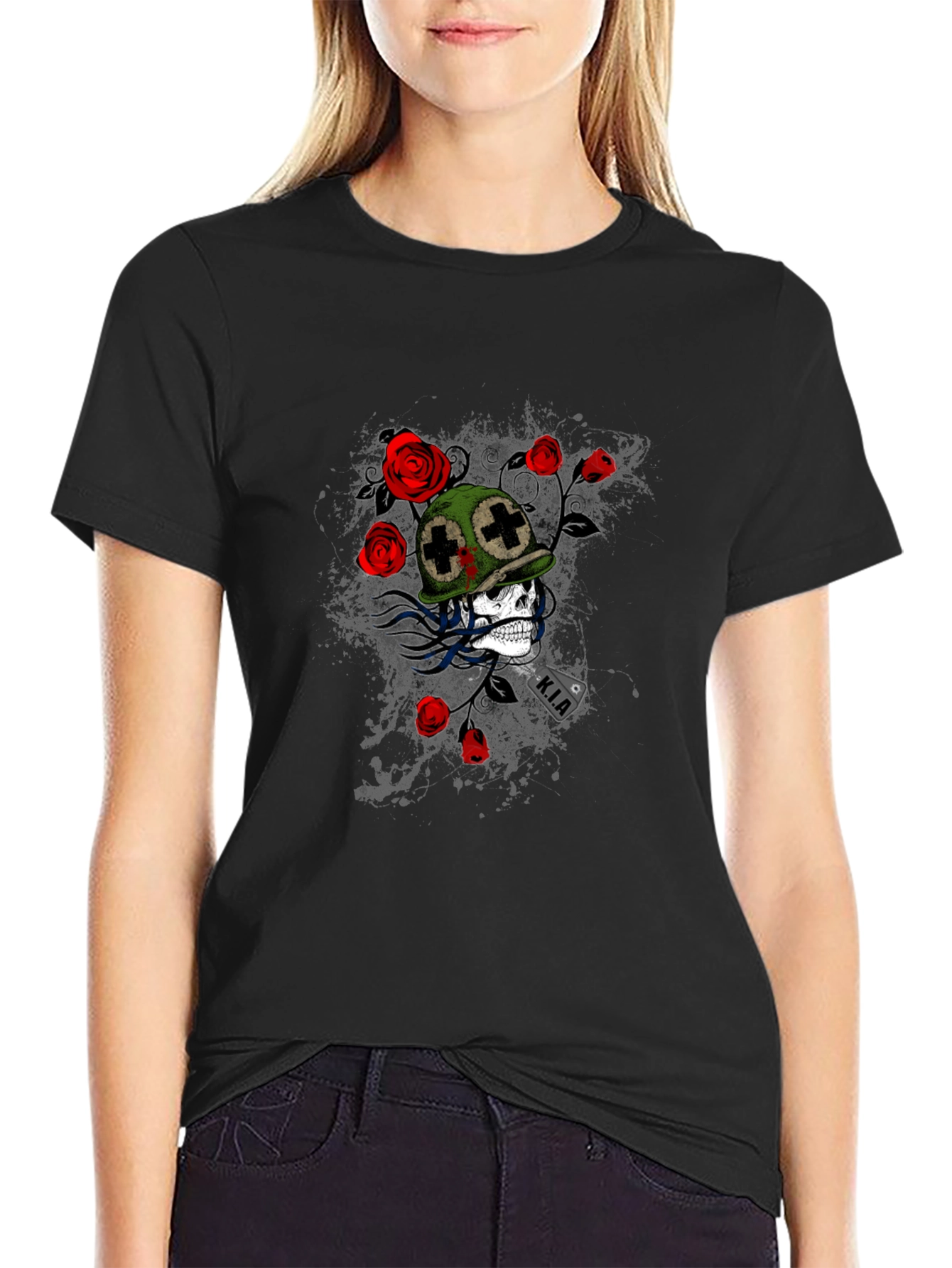 Skull & Roses Graphic Tee - Black Casual T-Shirt