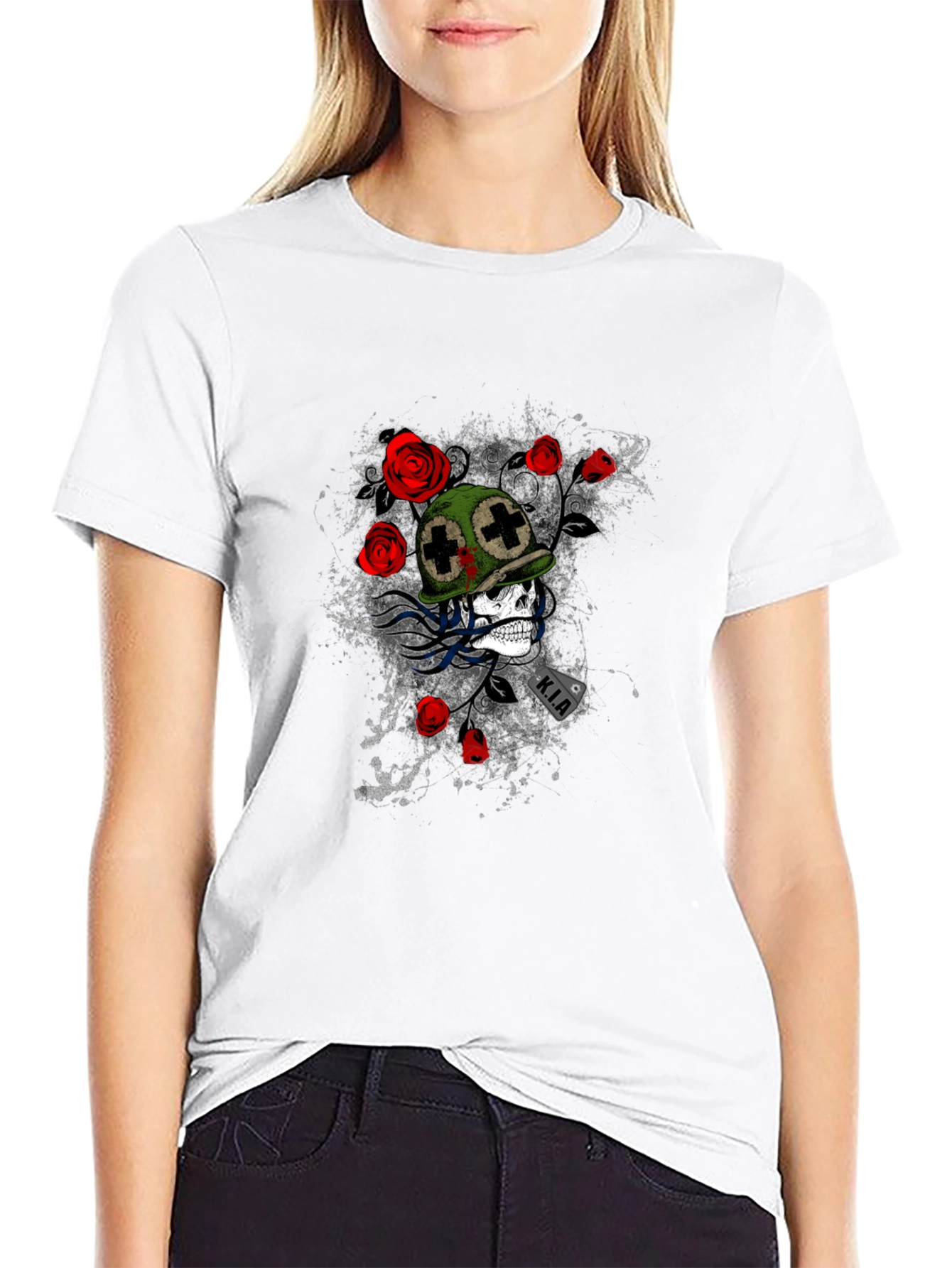 Skull & Roses Graphic Tee - Black Casual T-Shirt