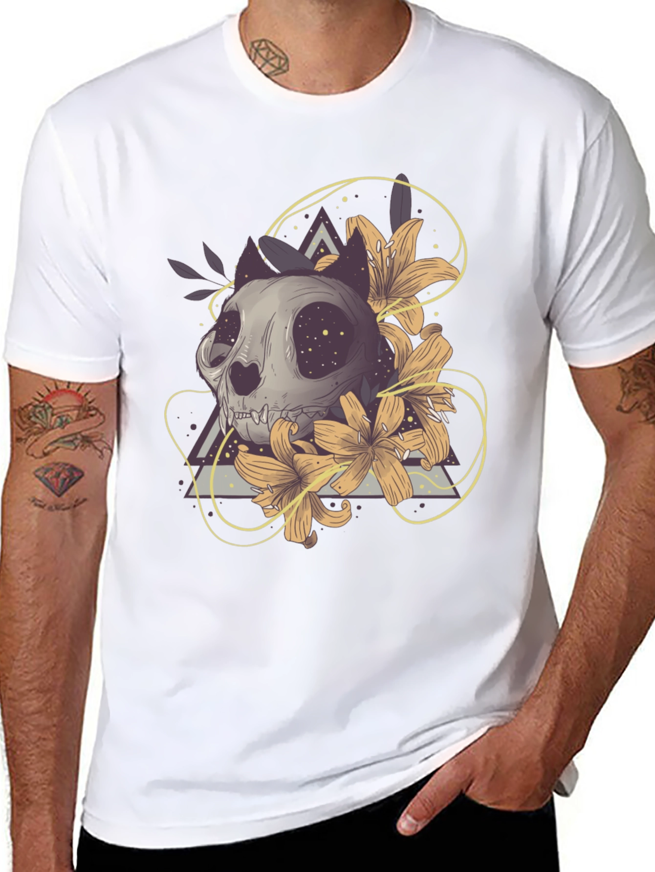 Cat Skull Floral T-Shirt - Unique Graphic Tee