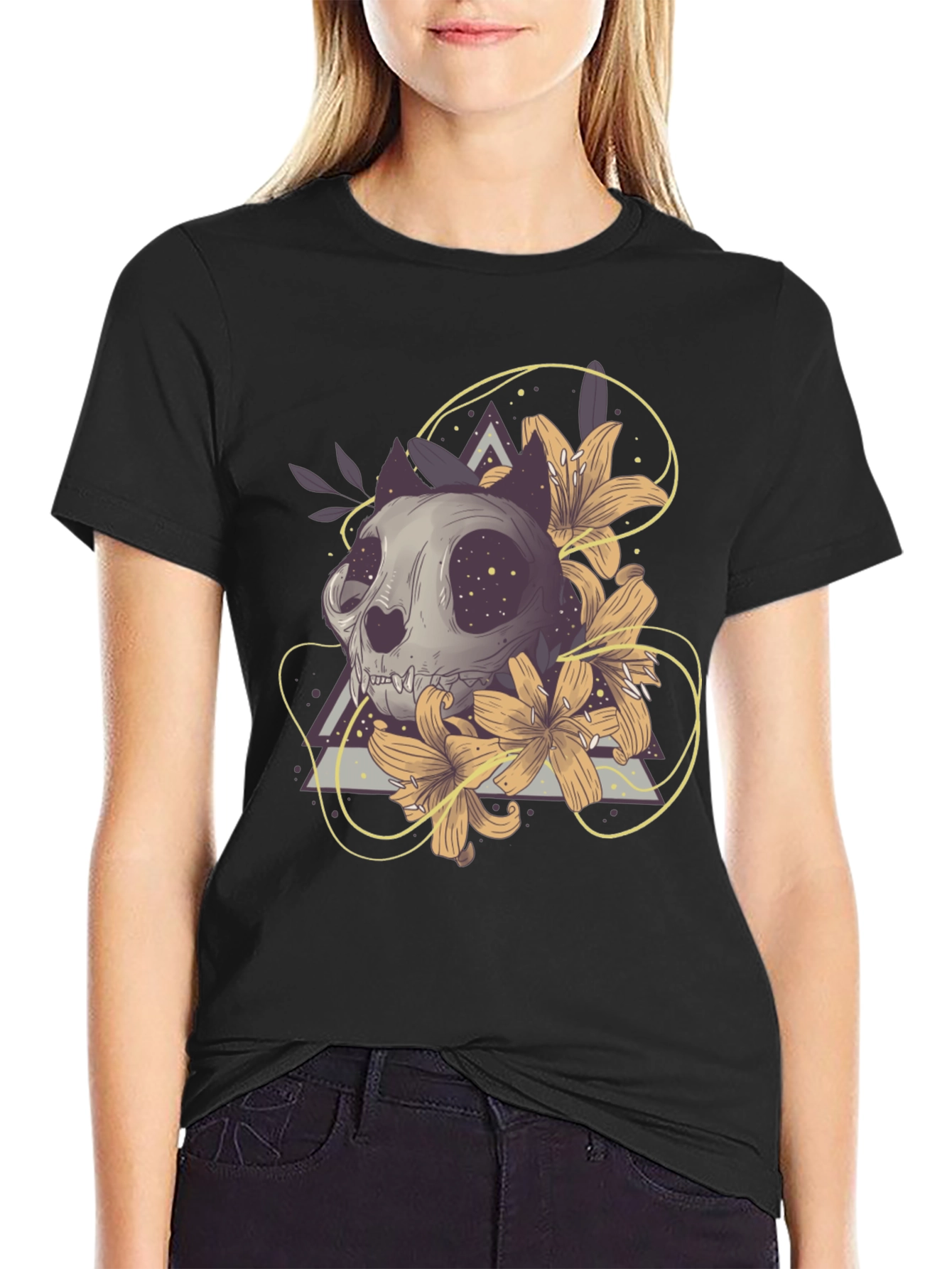 Cat Skull Floral T-Shirt - Unique Graphic Tee
