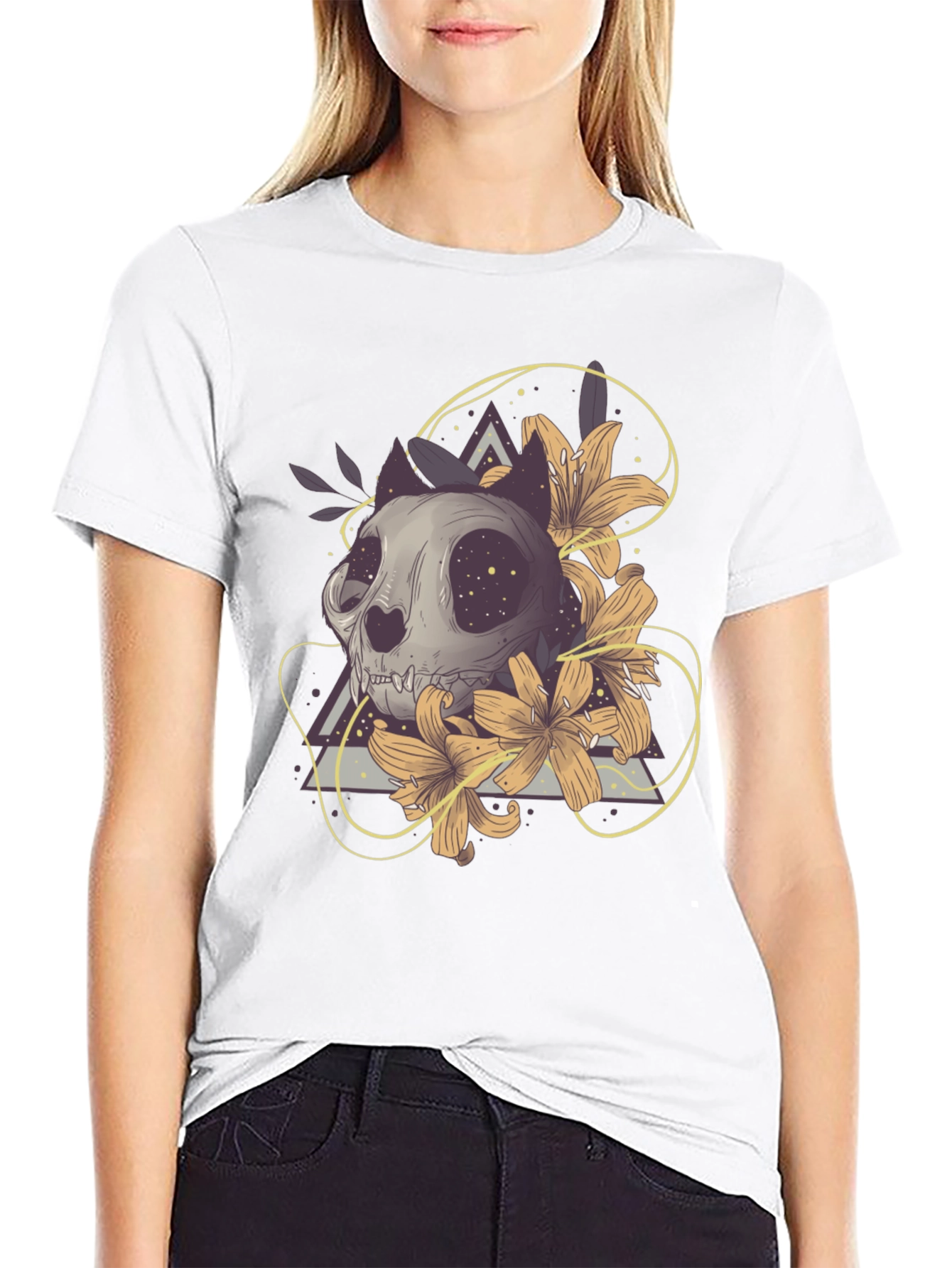 Cat Skull Floral T-Shirt - Unique Graphic Tee