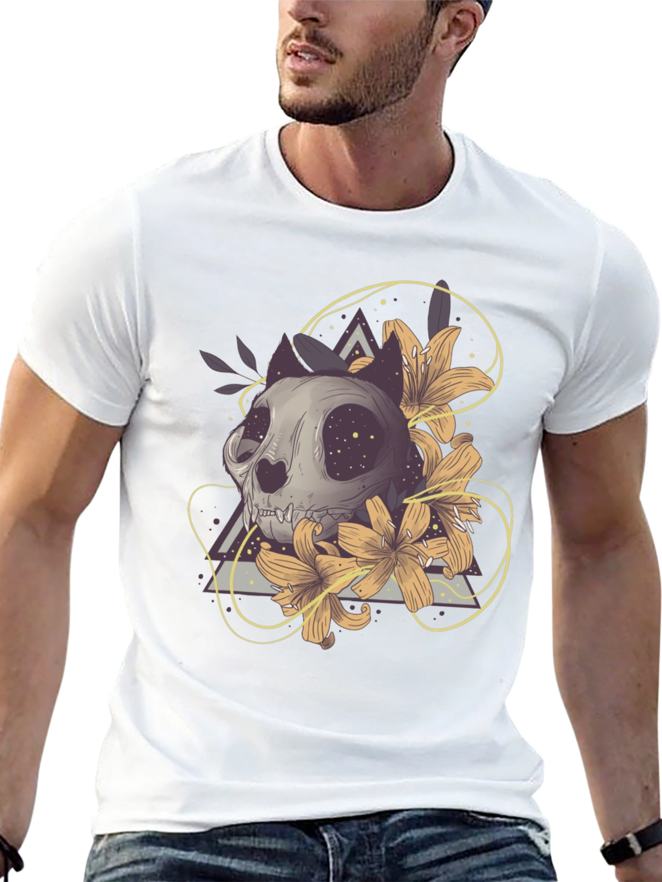 Cat Skull Floral T-Shirt - Unique Graphic Tee