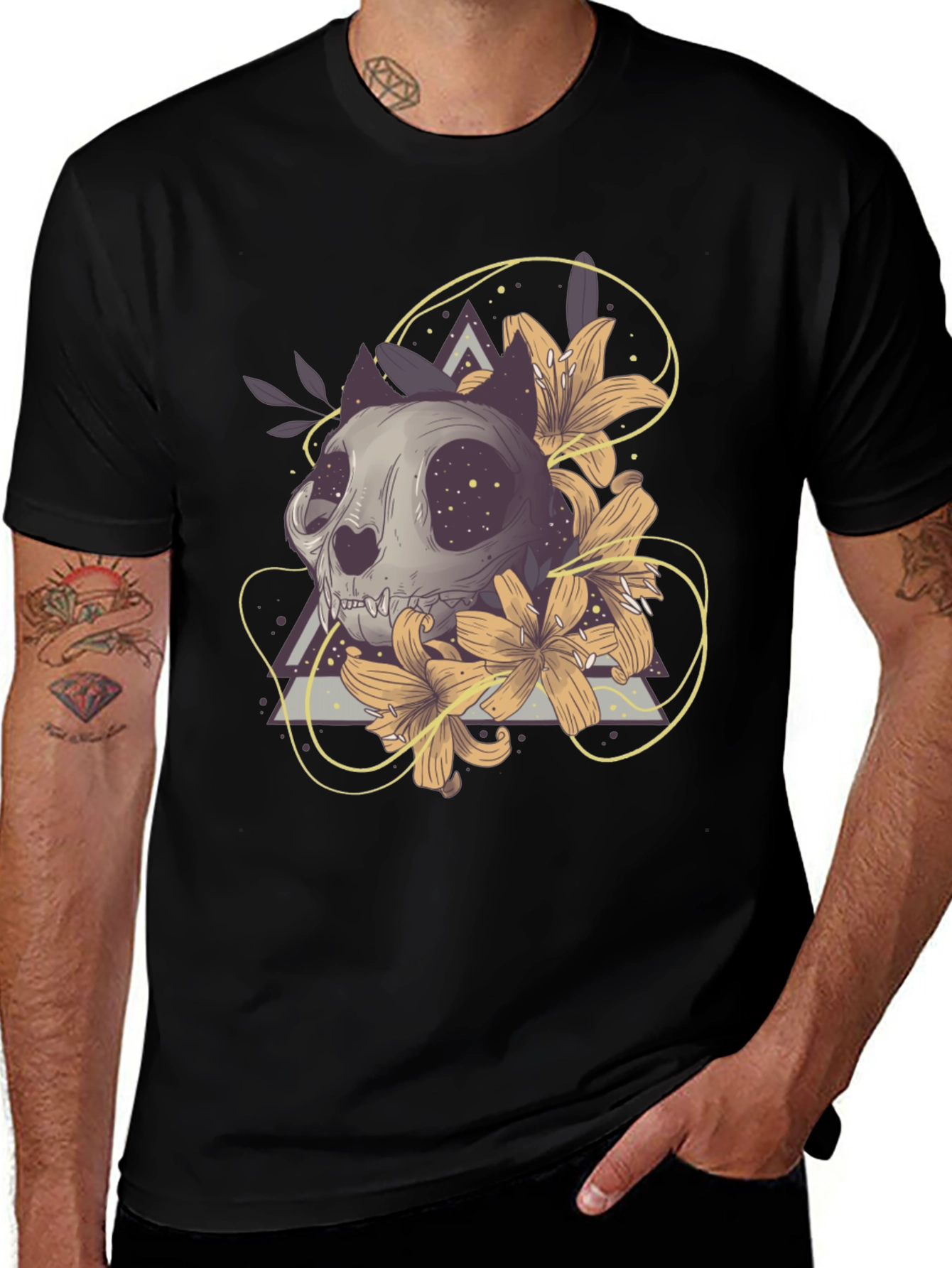 Cat Skull Floral T-Shirt - Unique Graphic Tee