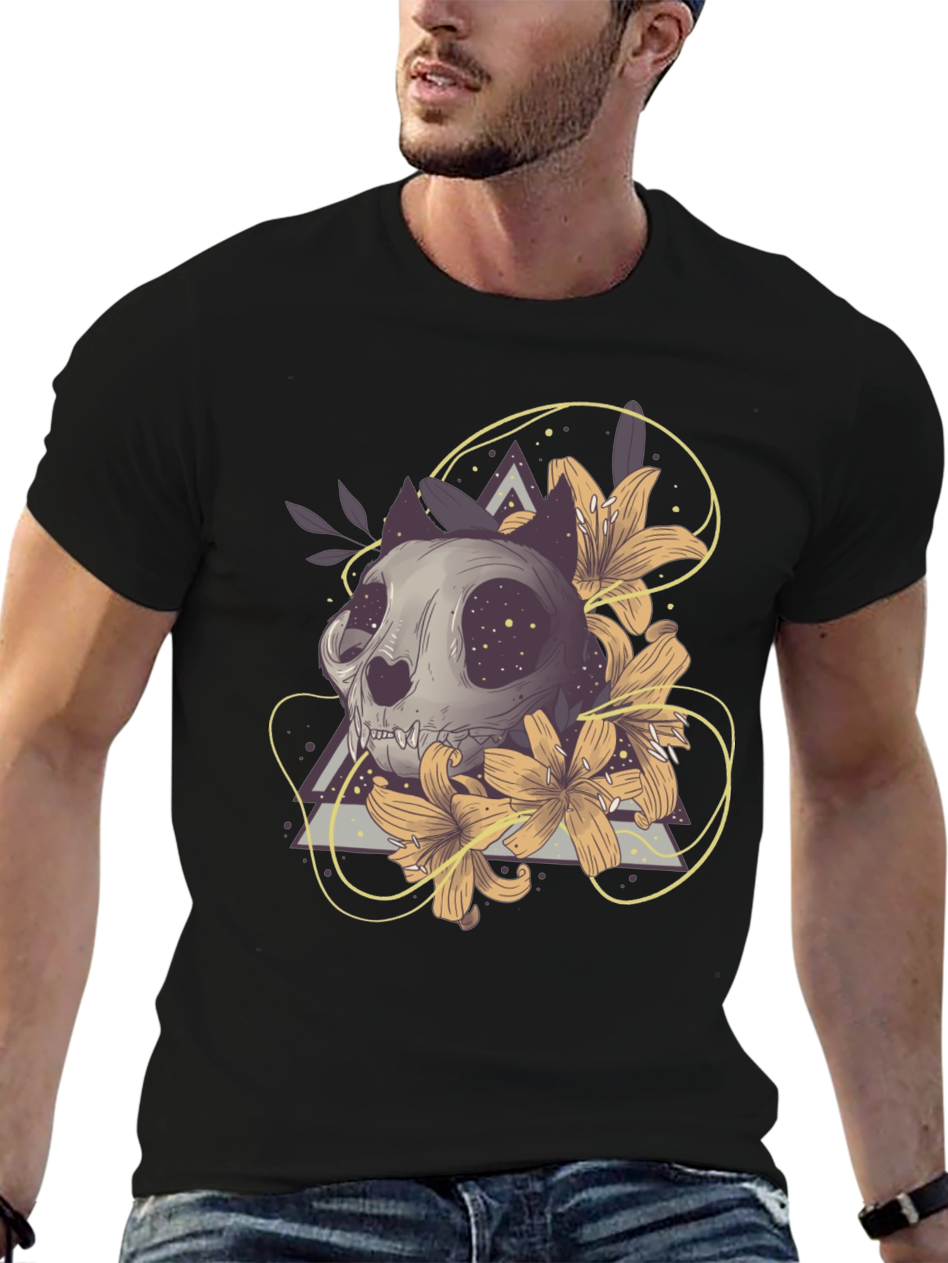 Cat Skull Floral T-Shirt - Unique Graphic Tee
