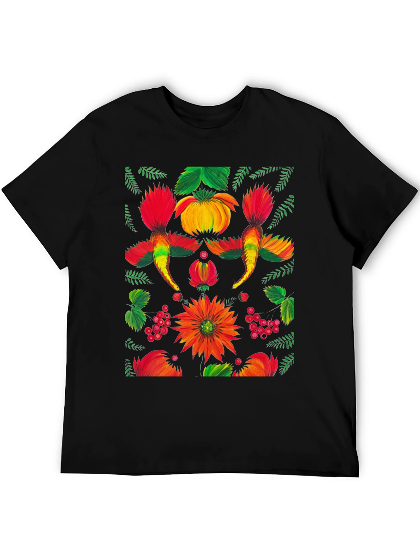 Floral Ukrainian Folk Art Print Black T-Shirt